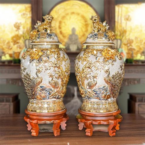 Choé Thờ Bát Tràng Đắp Nổi Công Đào Kênh Vẽ Vàng Cao Cấp DT971