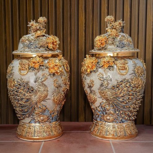 Choé Thờ Bát Tràng Đắp Nổi Công Đào Kênh Vẽ Vàng Cao Cấp DT971