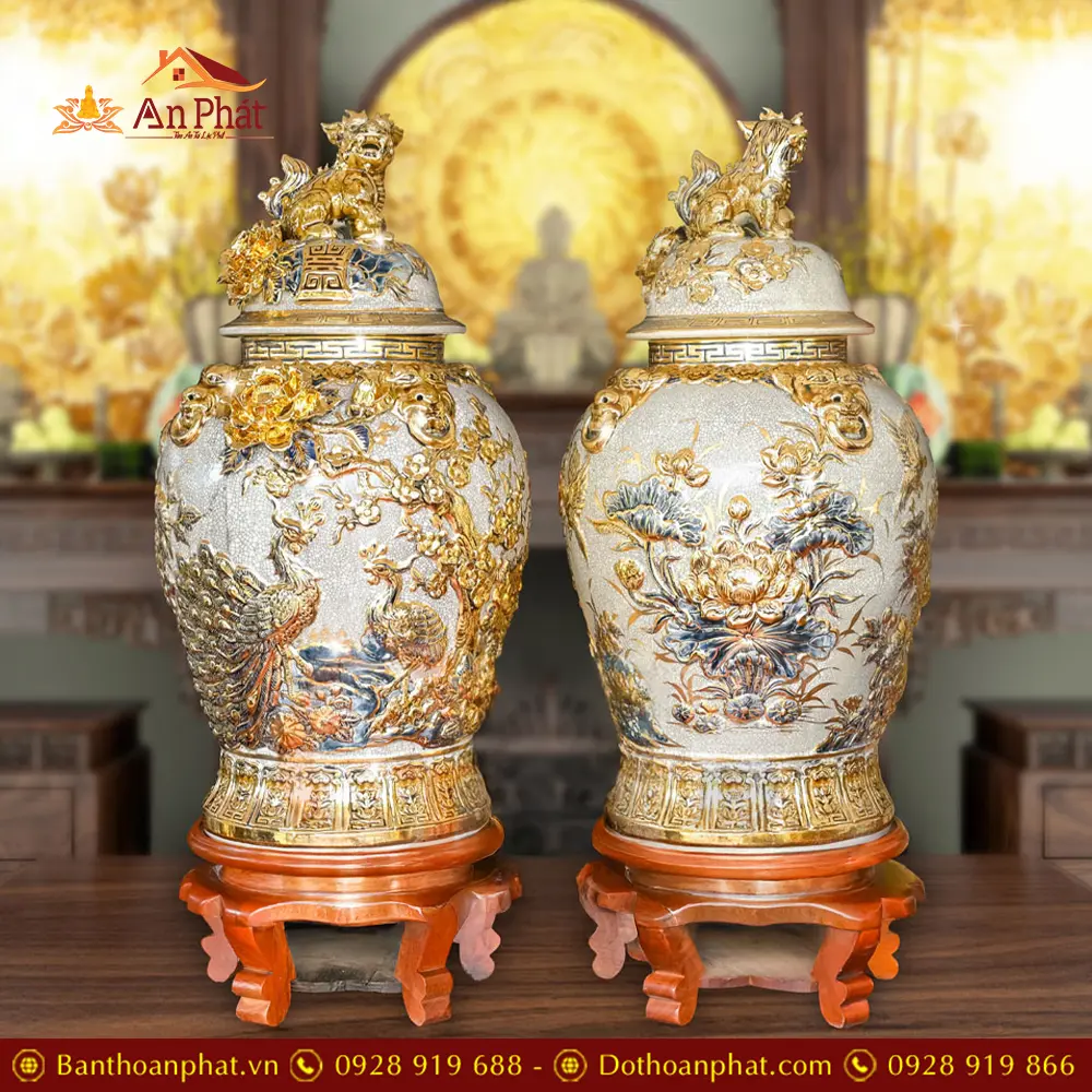 Choé Thờ Bát Tràng Đắp Nổi Công Đào Kênh Vẽ Vàng Cao Cấp DT971 31 choe tho bat trang dap noi cong dao kenh ve vang cao cap dt97100009