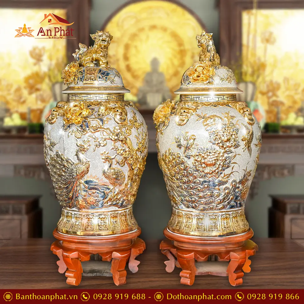 Choé Thờ Bát Tràng Đắp Nổi Công Đào Kênh Vẽ Vàng Cao Cấp DT971 32 choe tho bat trang dap noi cong dao kenh ve vang cao cap dt97100010