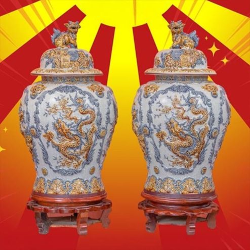 Choé Thờ Bát Tràng Men Rạn Đắp Nổi Mẫu Tứ Linh DT967