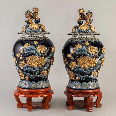 Choé Thờ Bát Tràng Xanh Coban Đắp Nổi Hoa Sen DT976