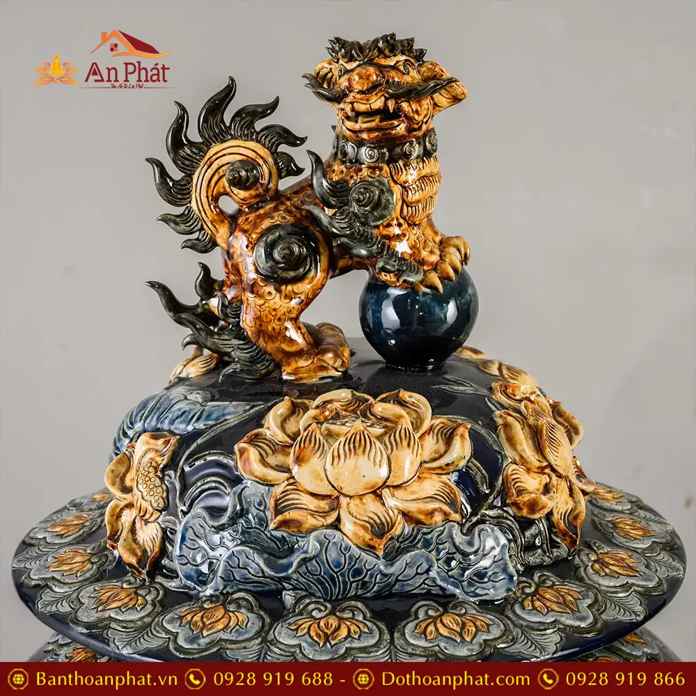 Choé Thờ Bát Tràng Xanh Coban Đắp Nổi Hoa Sen DT976 14 choe tho bat trang xanh coban dap noi hoa sen dt97600002