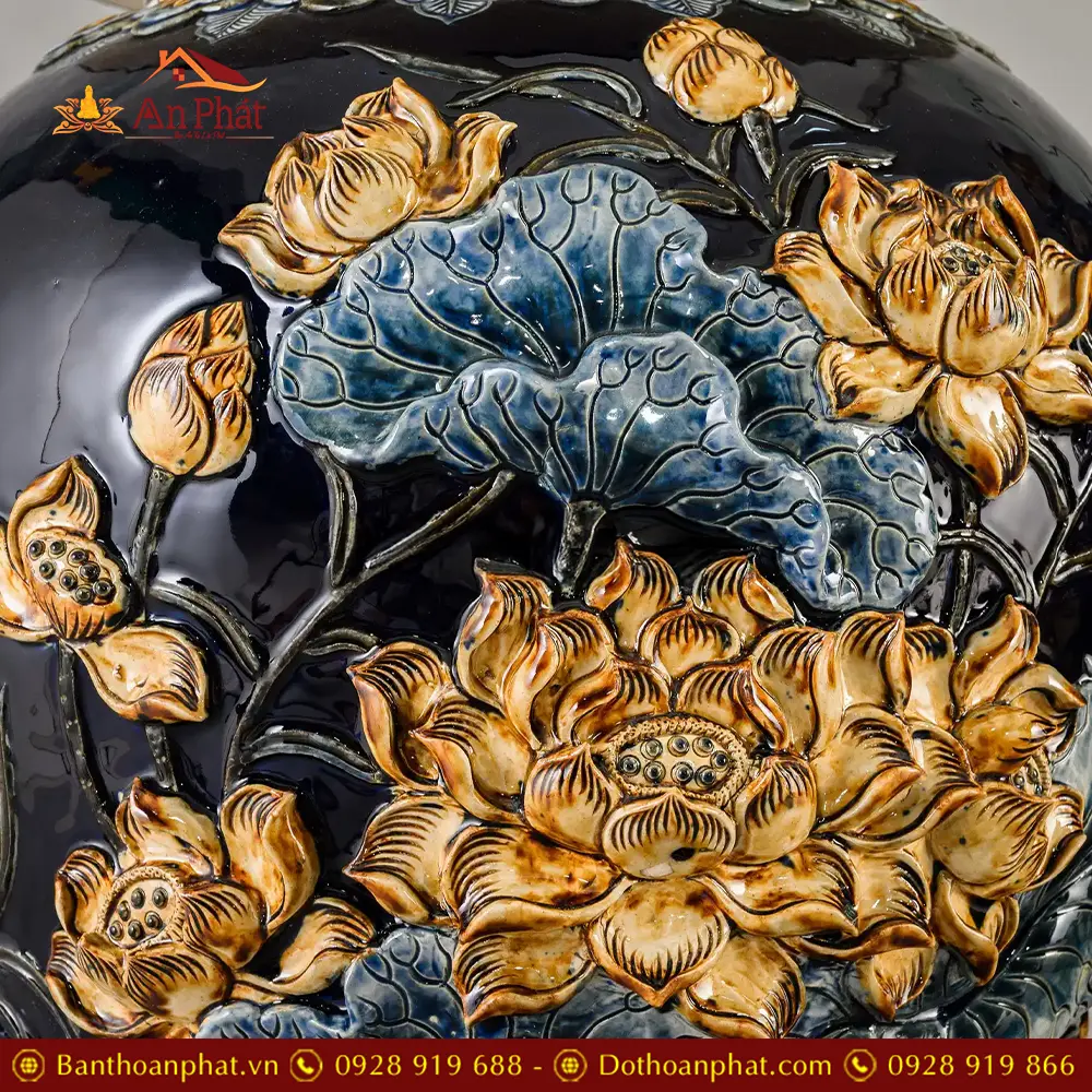 Choé Thờ Bát Tràng Xanh Coban Đắp Nổi Hoa Sen DT976 15 choe tho bat trang xanh coban dap noi hoa sen dt97600003