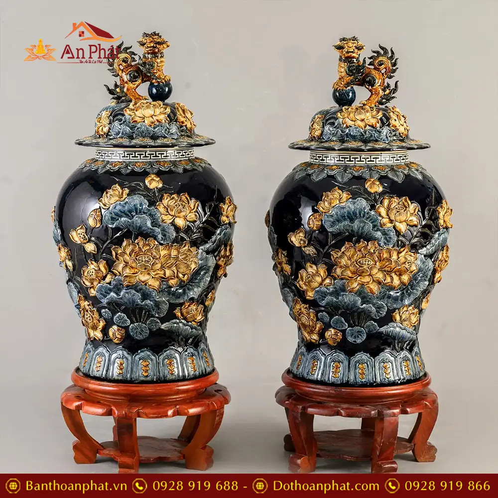 Choé Thờ Bát Tràng Xanh Coban Đắp Nổi Hoa Sen DT976 13 Choé Thờ Bát Tràng Xanh Coban Đắp Nổi Hoa Sen DT976