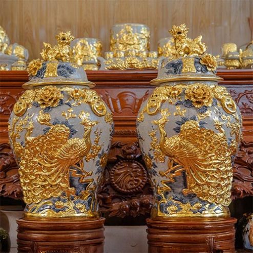 Choé Thờ Dát Vàng Cao Cấp Công Đào Đào Kênh Đắp Nổi DT969