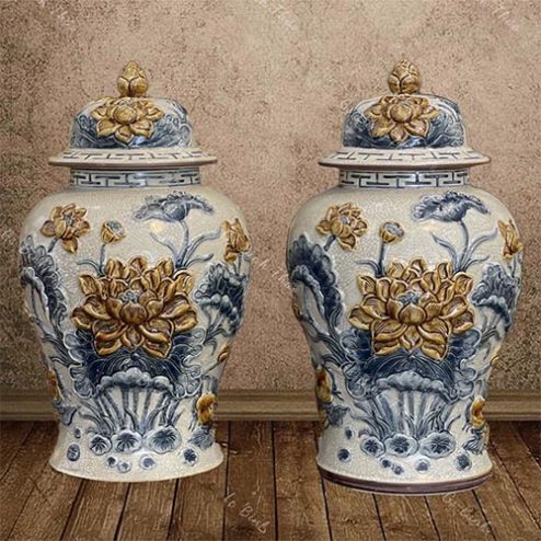 Choé Thờ Đôi Bát Tràng Men Rạn Đắp Nổi Hoa Sen DT965