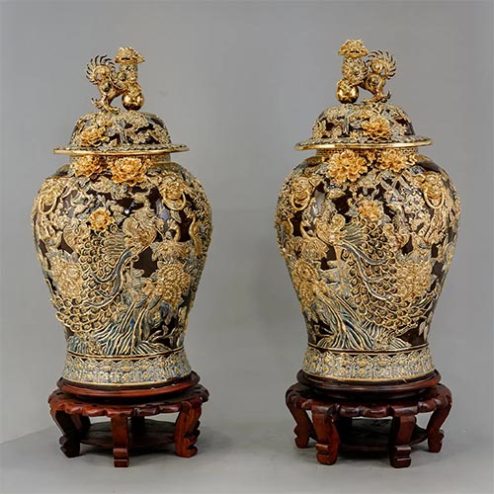 Choé Thờ Phong Thuỷ Cao Cấp Men Nâu Công Đào Vẽ Vàng DT980