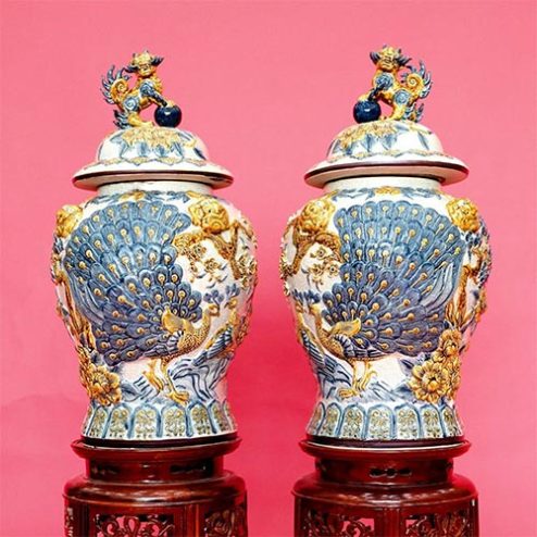 Đôi Choé Thờ Công Đào Men Rạn Đắp Nổi DT964