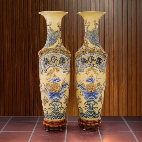 Đôi Lộc Bình Đắp Nổi Phúc Lộc Thọ Men Hoàng Thổ Bát Tràng DT934