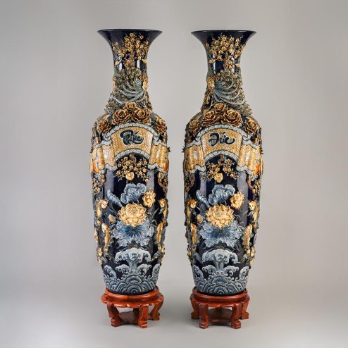 Đôi Lộc Bình Kênh Phúc Đức Xanh Coban Đắp Nổi Bát Tràng DT928