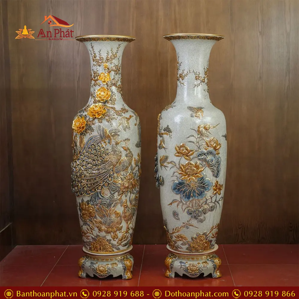 Lọ Lộc Bình Cao Cấp Công Đào Kênh Đắp Nổi Vẽ Vàng Bát Tràng DT940 11 lo loc binh cao cap cong dao kenh dap noi ve vang bat trang dt94000001