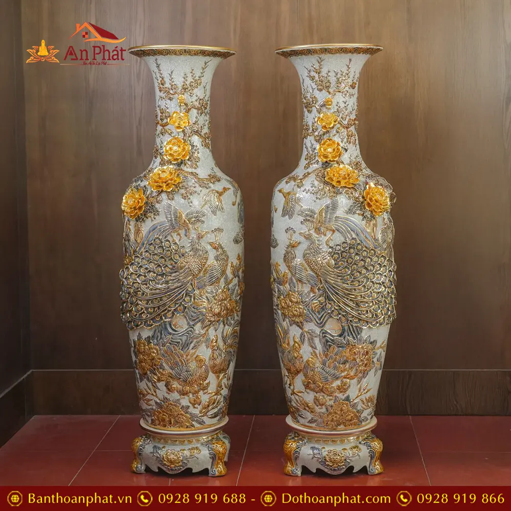 Lọ Lộc Bình Cao Cấp Công Đào Kênh Đắp Nổi Vẽ Vàng Bát Tràng DT940 10 lo loc binh cao cap cong dao kenh dap noi ve vang bat trang dt94000004