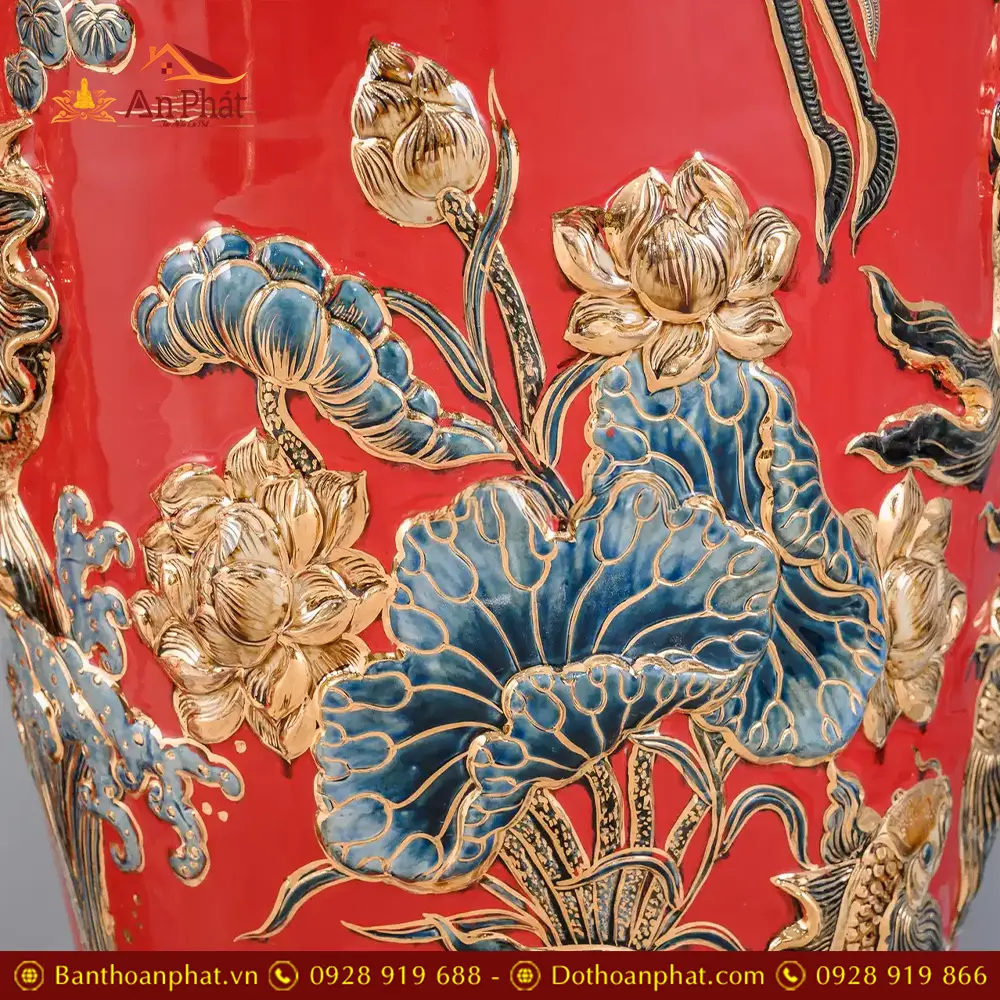 Lọ Lộc Bình Cao Cấp Phúc Lộc Thọ Vẽ Vàng Màu Đỏ Đắp Nổi DT947 24 lo loc binh cao cap phuc loc tho ve vang mau do dap noi dt94700004