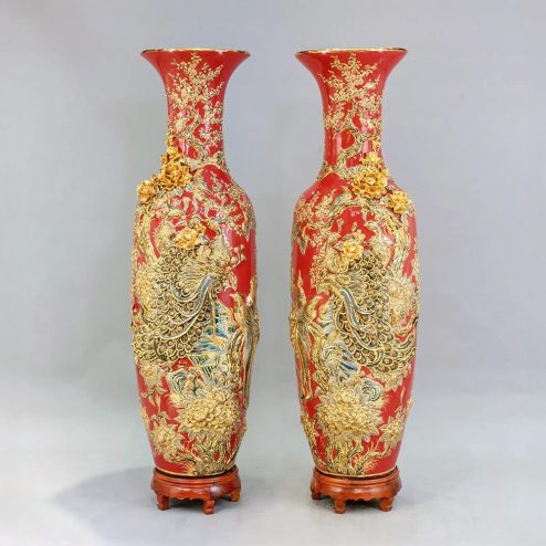 Lọ Lộc Bình Cao Cấp Vẽ Vàng Màu Đỏ Đắp Nổi Công Đào Kênh DT946