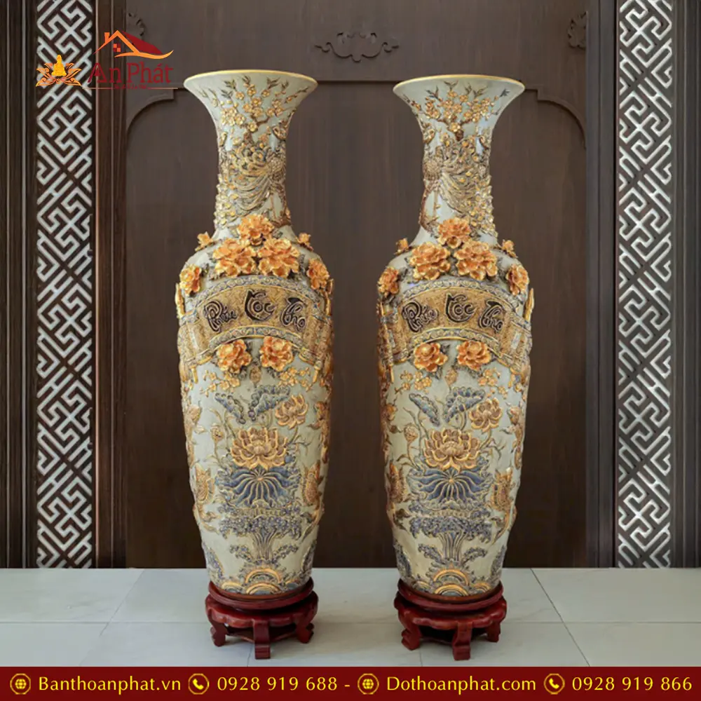 Lọ Lộc Bình Cao Cấp Vẽ Vàng Phúc Lộc Thọ Đắp Nổi Bát Tràng DT959 5 Lọ Lộc Bình Cao Cấp Vẽ Vàng Phúc Lộc Thọ Đắp Nổi Bát Tràng DT959