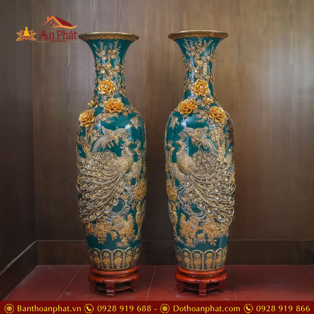 Lọ Lộc Bình Công Đào Kênh Bát Tràng Men Màu Xanh Đắp Nổi Vẽ Vàng DT943 15 Lọ Lộc Bình Công Đào Kênh Bát Tràng Men Màu Xanh Đắp Nổi Vẽ Vàng DT943