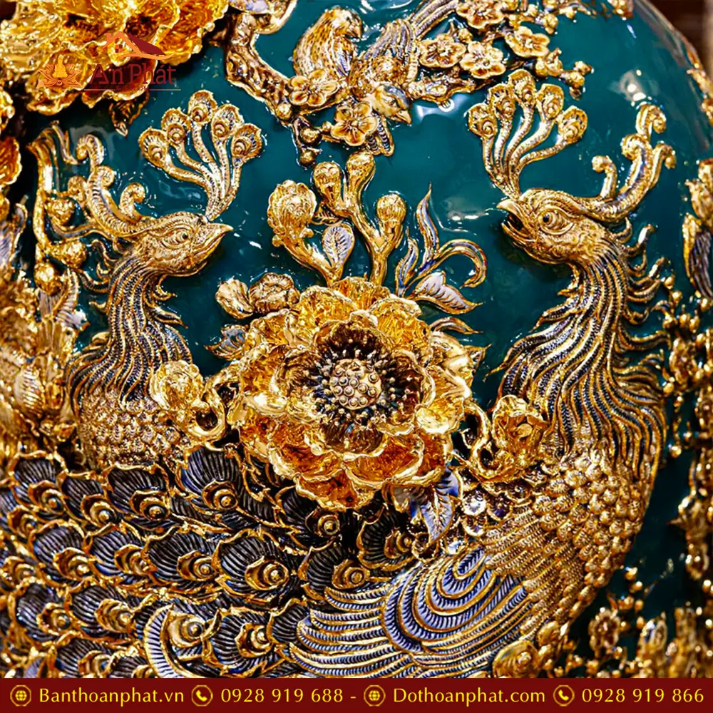 Lọ Lộc Bình Công Đào Kênh Bát Tràng Men Màu Xanh Đắp Nổi Vẽ Vàng DT943 19 lo loc binh cong dao kenh bat trang men mau xanh dap noi ve vang dt94300005