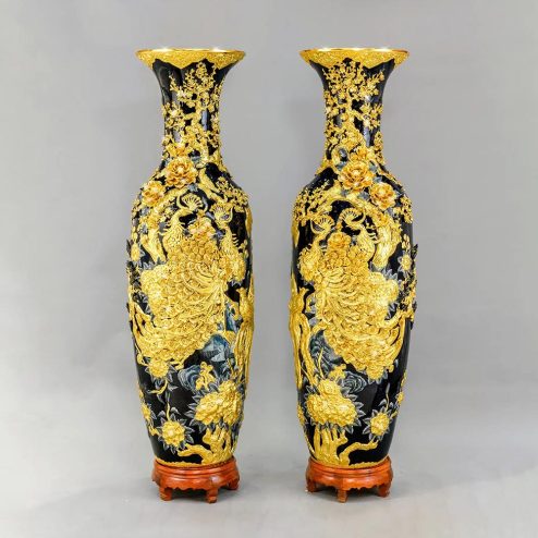 Lọ Lộc Bình Công Đào Kênh Dát Vàng Men Xanh Coban Đắp Nổi Bát Tràng DT933