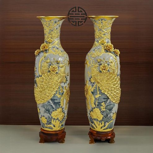 Lọ Lộc Bình Công Đào Kênh Men Rạn Đắp Nổi Dát Vàng DT929