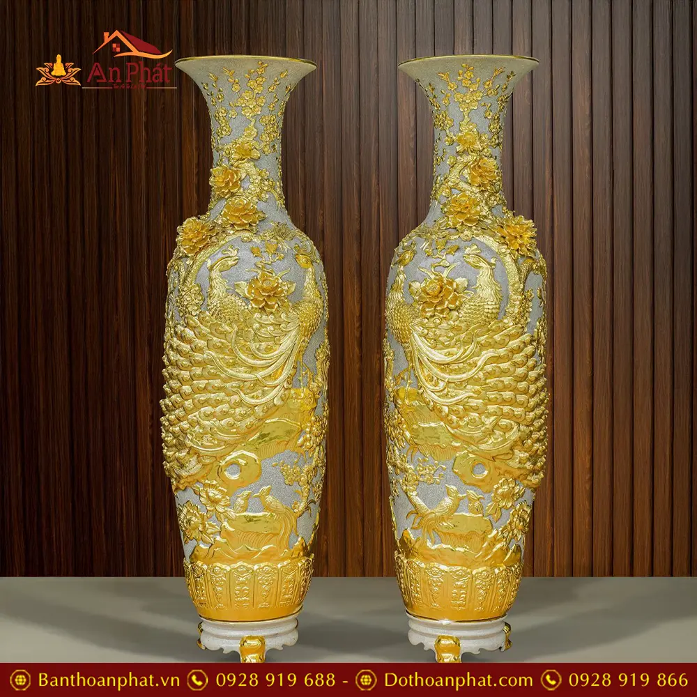 Lọ Lộc Bình Dát Vàng Men Rạn Đắp Nổi Công Đào Kênh Bát Tràng DT935 12 lo loc binh dat vang men ran dap noi cong dao kenh bat trang dt93500003