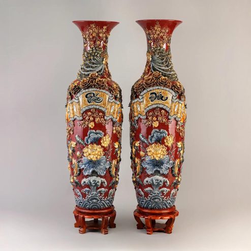 Lọ Lộc Bình Phúc Đức Men Đỏ Mận Đắp Nổi Bát Tràng DT926