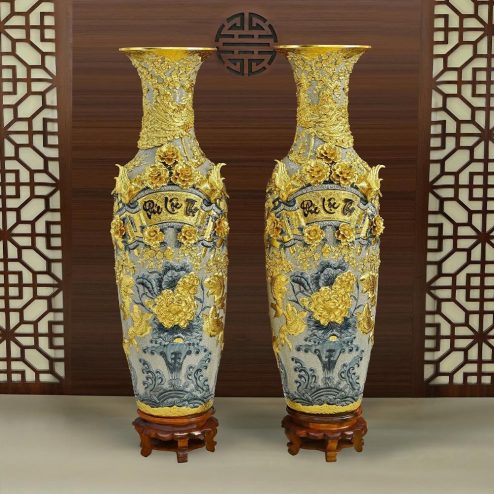 Lọ Lộc Bình Phúc Lộc Thọ Bát Tràng Men Rạn Đắp Nổi Dát Vàng DT930