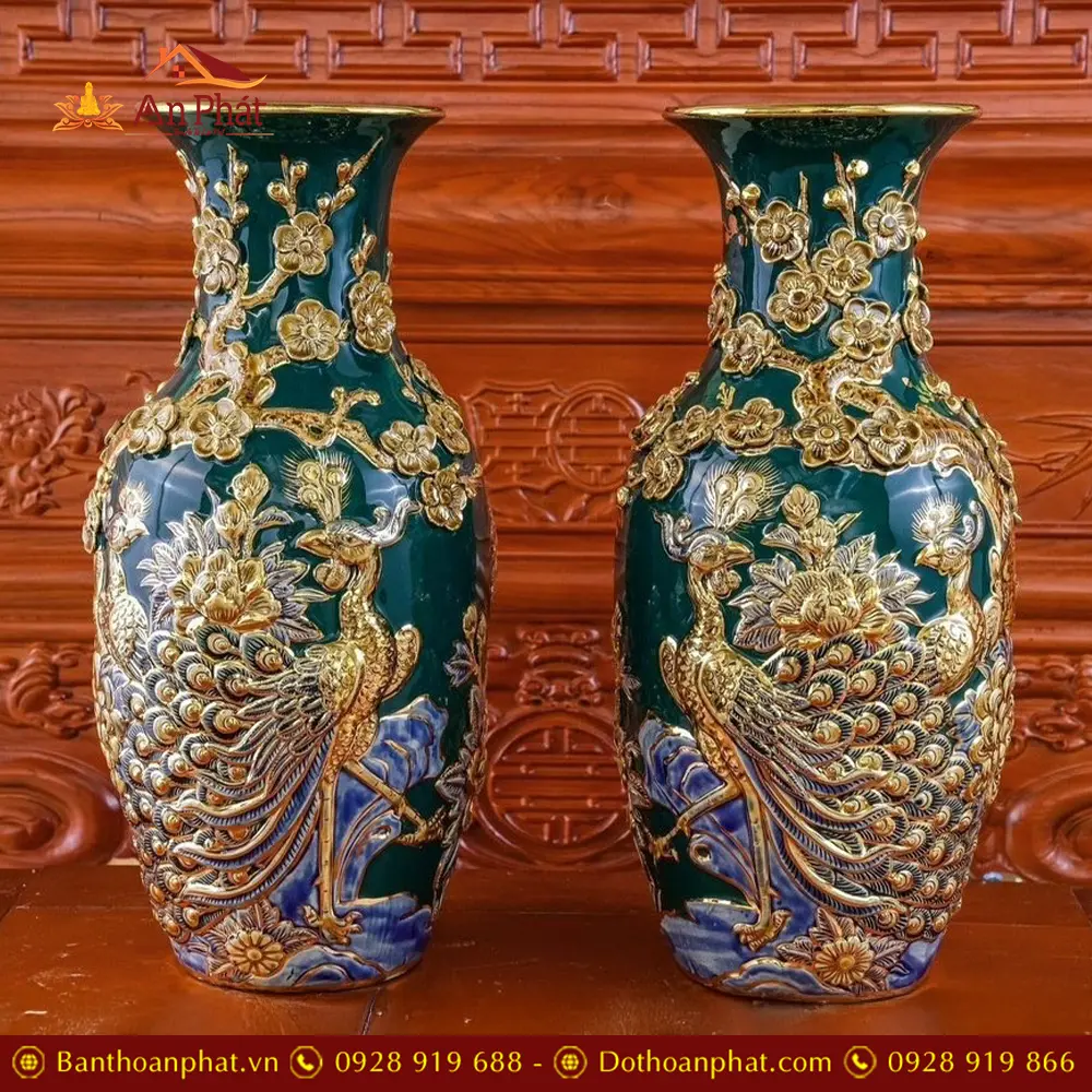 Lọ Lộc Bình Xanh Lục Bảo Đắp Nổi Công Đào Vẽ Vàng DT957 3 Lọ Lộc Bình Xanh Lục Bảo Đắp Nổi Công Đào Vẽ Vàng DT957
