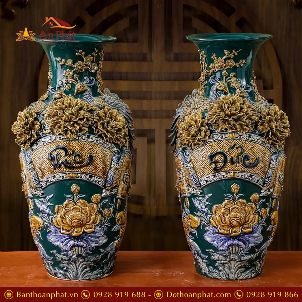 Lọ Lộc Bình Xanh Lục Bảo Phúc Đức Đắp Nổi Bát Tràng DT953 5 Lọ Lộc Bình Xanh Lục Bảo Phúc Đức Đắp Nổi Bát Tràng DT953