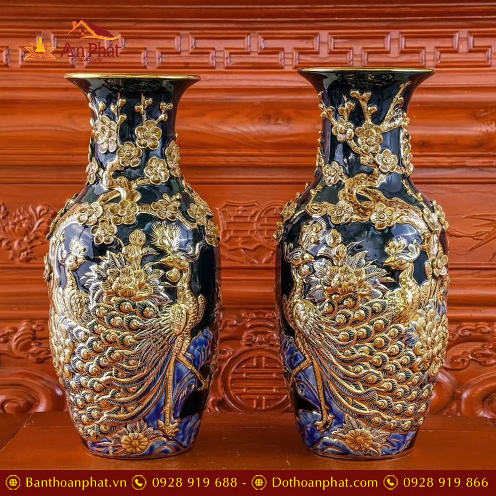 Lộc Bình Xanh Coban Công Đào Đắp Nổi Vẽ Vàng Cao Cấp DT956 5 Lộc Bình Xanh Coban Công Đào Đắp Nổi Vẽ Vàng Cao Cấp DT956