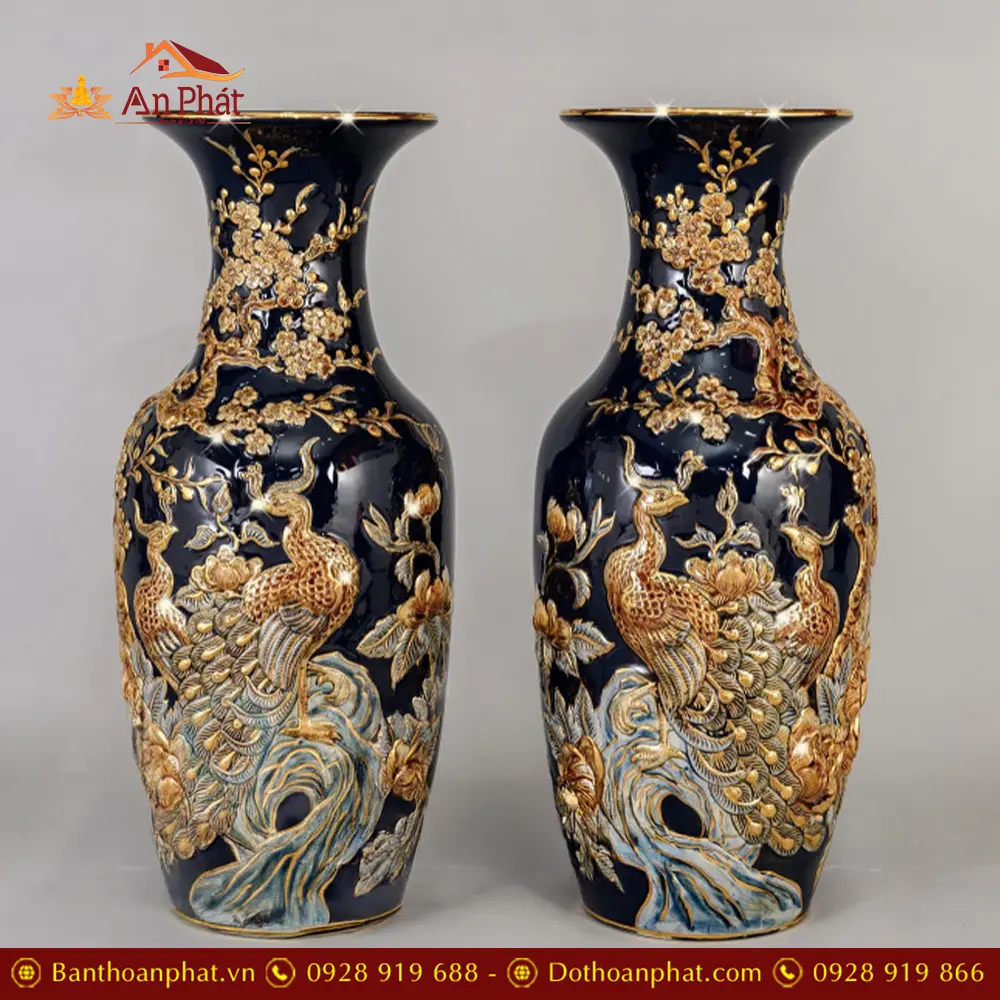 Lộc Bình Xanh Coban Công Đào Đắp Nổi Vẽ Vàng Cao Cấp DT956 6 loc binh xanh coban cong dao dap noi ve vang cao cap dt95600003