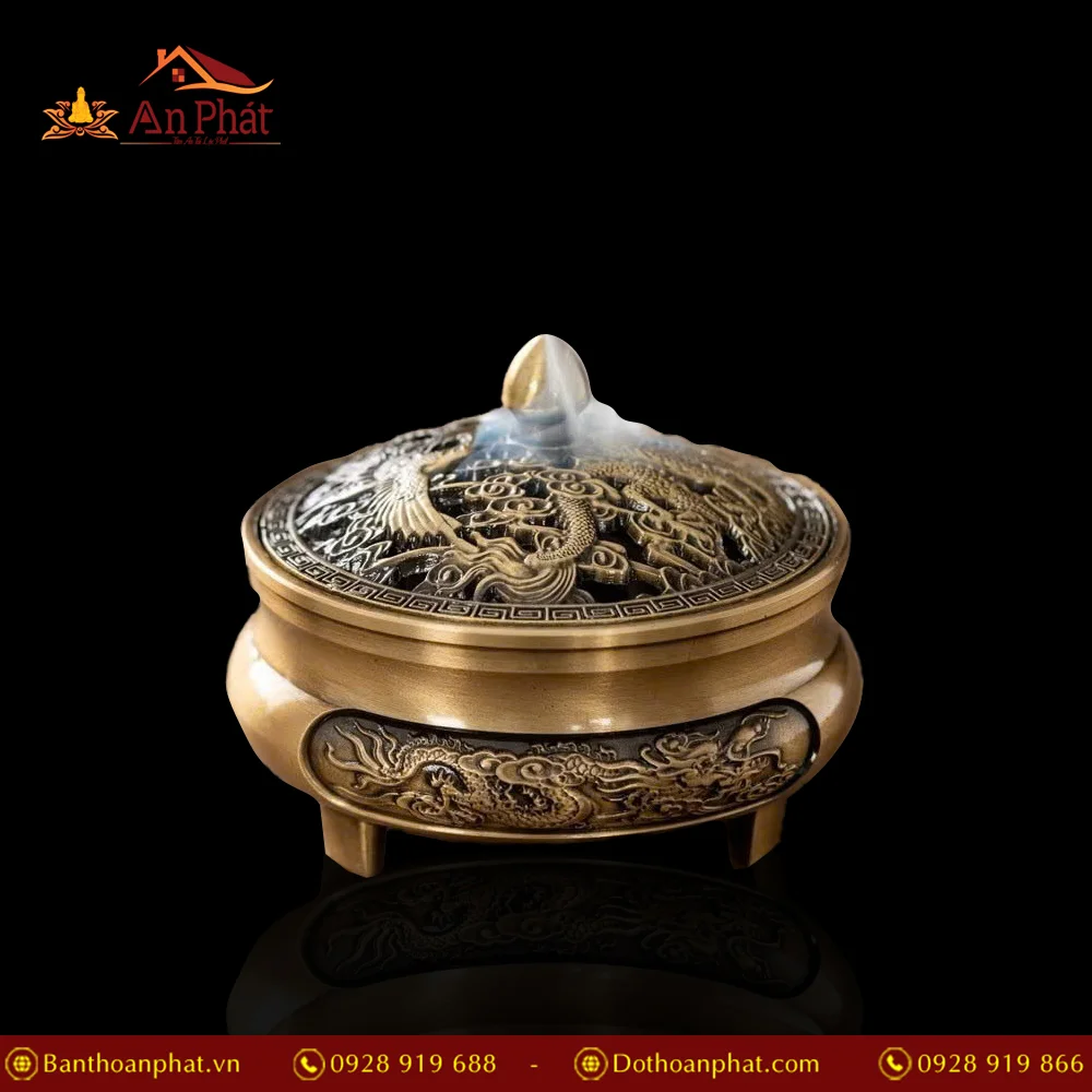 Lư Xông Trầm Bằng Đồng Rồng Phượng 3 Chân PK9528 15 Lư Xông Trầm Bằng Đồng Rồng Phượng 3 Chân PK9528