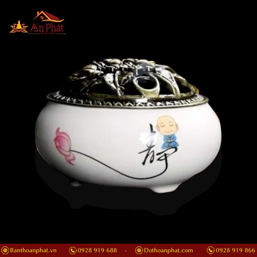 Lư Xông Trầm Hương Gốm Vân Rạn Trắng Chú Tiểu PK9519 2 Lư Xông Trầm Hương Gốm Vân Rạn Trắng Chú Tiểu PK9519 An Phát
