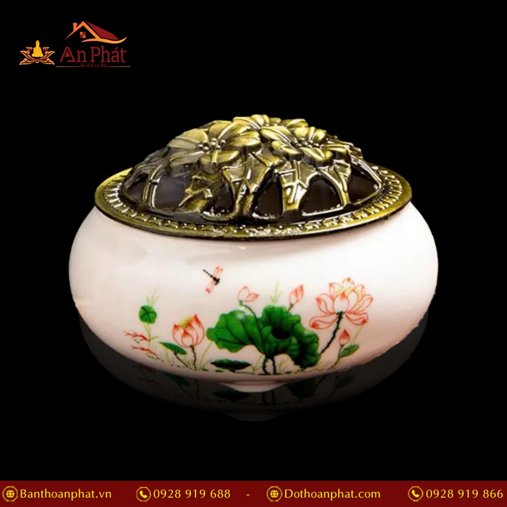 Lư Xông Trầm Hương Gốm Vân Rạn Trắng Sen PK9513 3 Lư Xông Trầm Hương Gốm Vân Rạn Trắng Sen PK9513 An Phát