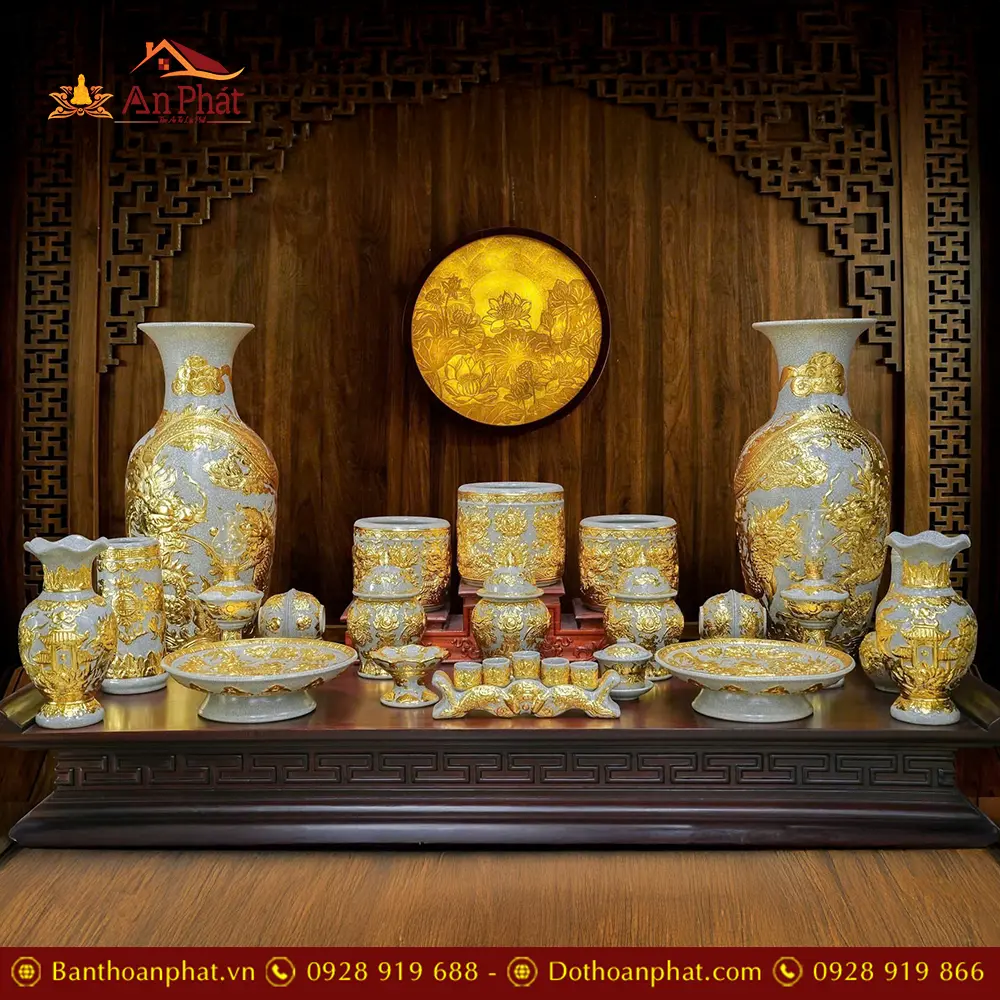 Bộ Đồ Thờ Dát Vàng Cao Cấp Cho Bàn Thờ Gia Tiên Bát Tràng BDT158 3 Bộ Đồ Thờ Dát Vàng Cao Cấp Cho Bàn Thờ Gia Tiên Bát Tràng BDT158