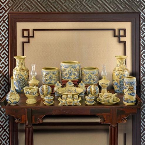 Bộ Đồ Thờ Gia Tiên Men Hoàng Thổ Đắp Nổi Bát Tràng BDT185