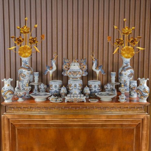 Bộ Đồ Thờ Gốm Sứ Bát Tràng Đầy Đủ Men Rạn Đắp Nổi BDT166