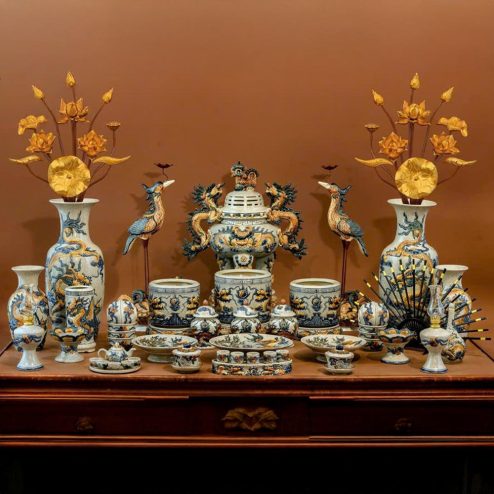 Bộ Đồ Thờ Từ Đường Đầy Đủ Gốm Sứ Bát Tràng Men Rạn Đắp Nổi BDT175