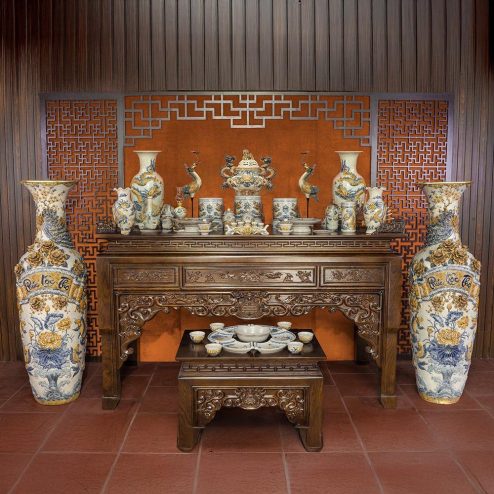 Combo Bộ Đồ Thờ Gia Tiên Men Rạn Đắp Nổi Bát Tràng BDT156