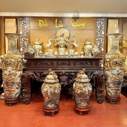 Combo Bộ Đồ Thờ Vẽ Vàng Cao Cấp Men Rạn Bát Tràng BDT183