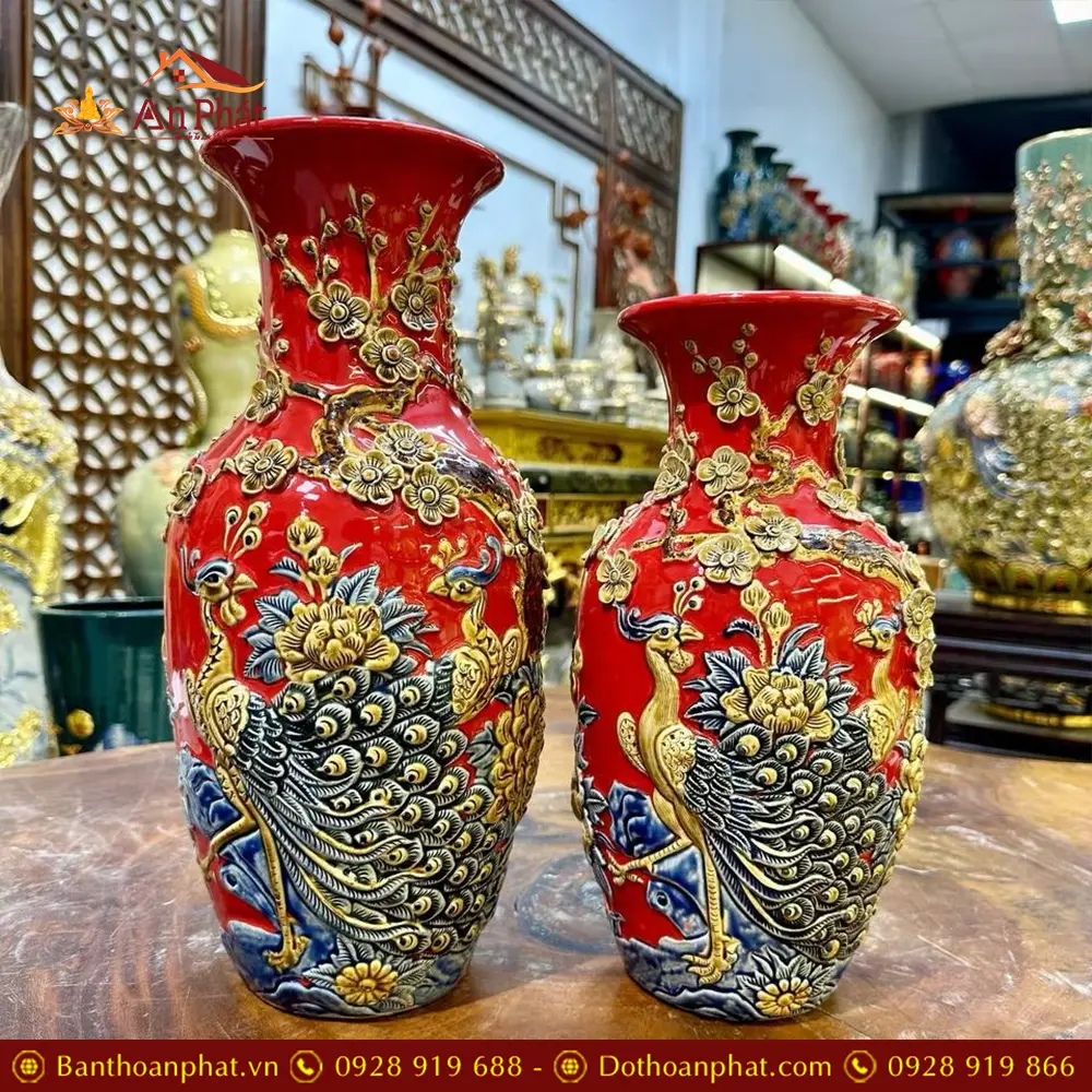 Lộc Bình Công Đào Đắp Nổi Men Màu Đỏ Bát Tràng DT991 8 Lộc Bình Công Đào Đắp Nổi Men Màu Đỏ Bát Tràng