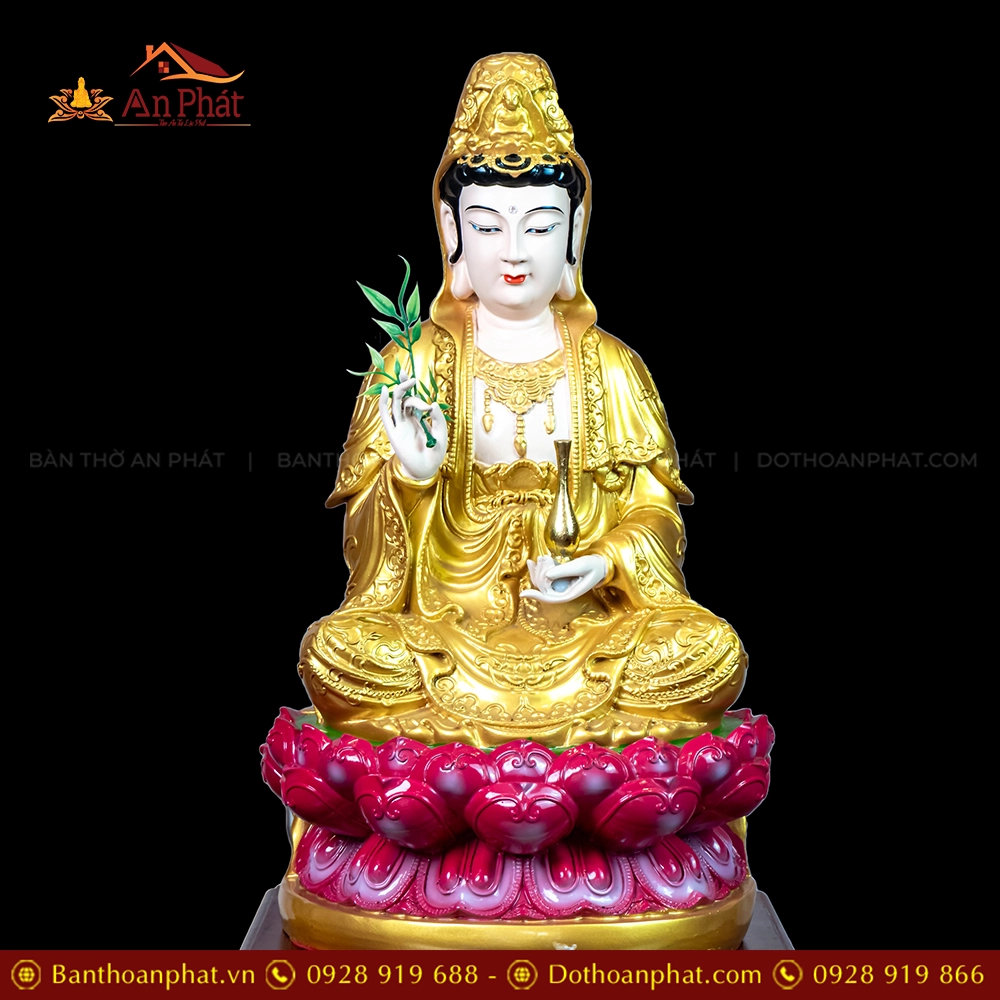 Bộ Tượng Tây Phương Tam Thánh Ngồi Composite Nhũ Vàng T2330 16 Tượng Quan Âm Bồ Tát ngồi đẹp