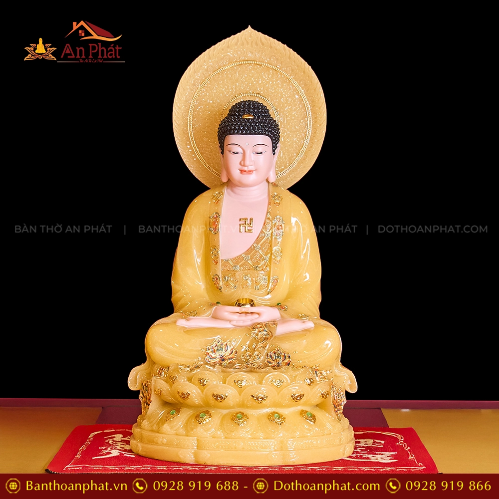 Tượng Bổn Sư Thích Ca Mâu Ni Tọa Đài Sen Vàng Thạch Anh Có Lá Đề T2325