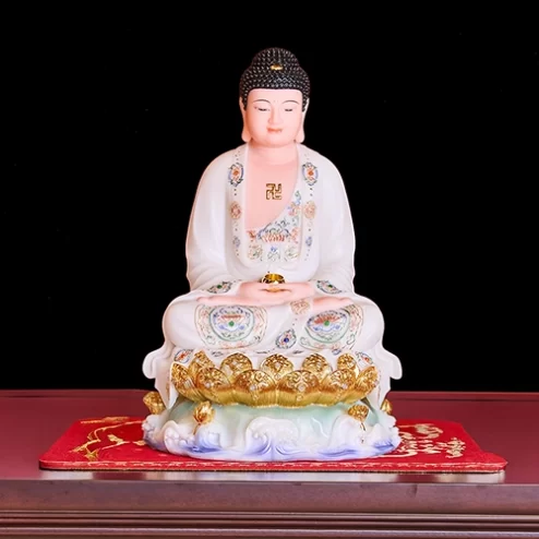 Tượng Bổn sư Thích ca Mâu Ni Tọa Đài Sen Trắng Vẽ Gấm T2321