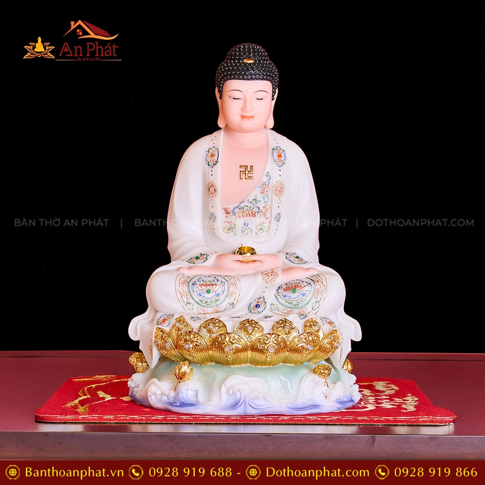 Tượng Bổn sư Thích ca Mâu Ni Tọa Đài Sen Trắng Vẽ Gấm T2321 11 Tượng Bổn sư Thích ca Mâu Ni Tọa Đài Sen Trắng Vẽ Gấm T2321