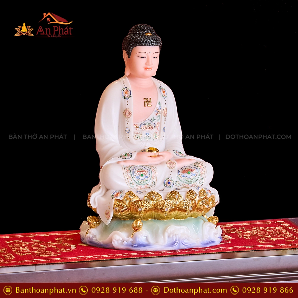 Tượng Bổn sư Thích ca Mâu Ni Tọa Đài Sen Trắng Vẽ Gấm T2321 12 Tượng Phật Thích Ca Mâu Ni đẹp