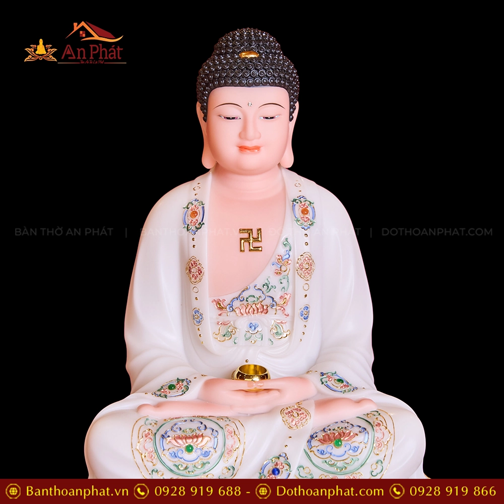 Tượng Bổn sư Thích ca Mâu Ni Tọa Đài Sen Trắng Vẽ Gấm T2321 13 Tượng Phật Thích Ca Mâu Ni ngồi đá