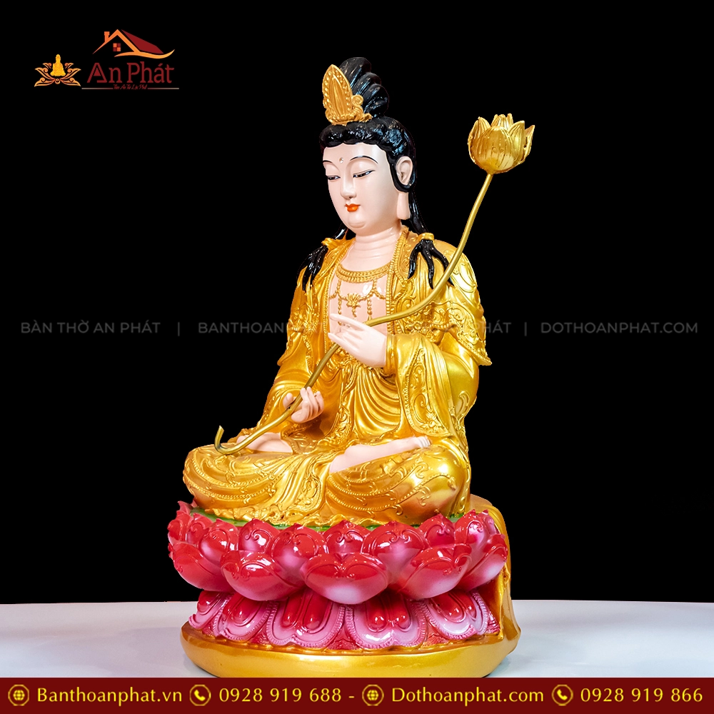 Tượng Đại Thế Chí Ngồi Composite Đế Sen Hồng màu Nhũ vàng T2305 15 Tượng Phật Đại thế Chí Bồ Tát