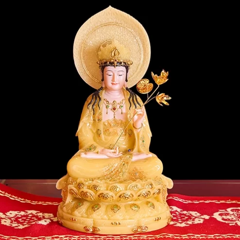 Tượng Đại Thế Chí Tọa Đài Sen Vàng Thạch Anh Có Lá Đề T2324