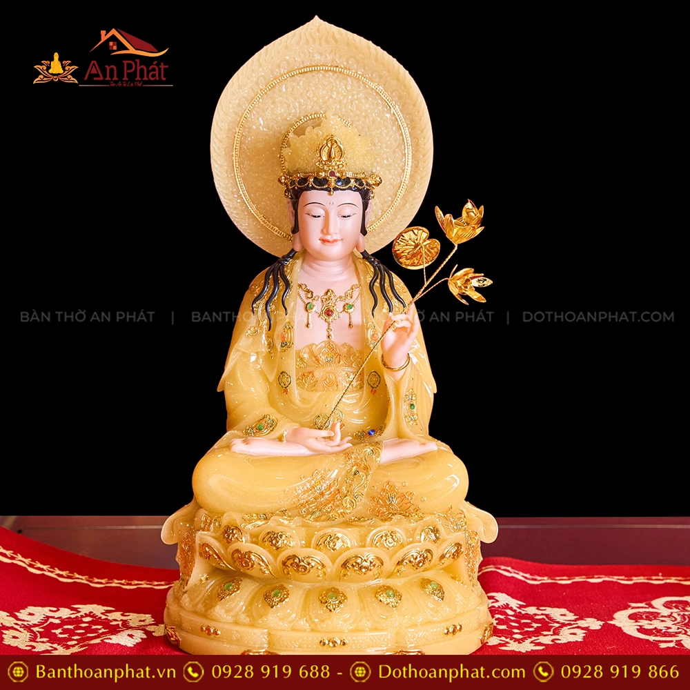 Tượng Đại Thế Chí Tọa Đài Sen Vàng Thạch Anh Có Lá Đề T2324